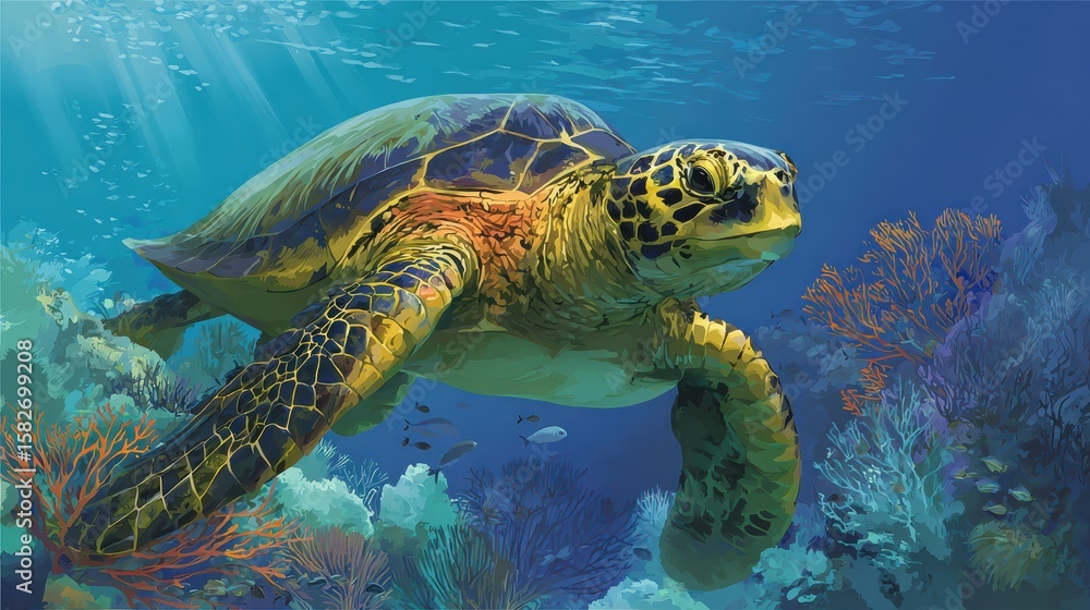 Obraz premium A vibrant sea turtle swims gracefully through a colorful coral reef, surrounded by marine life and illuminated by sunlight streaming through the water
