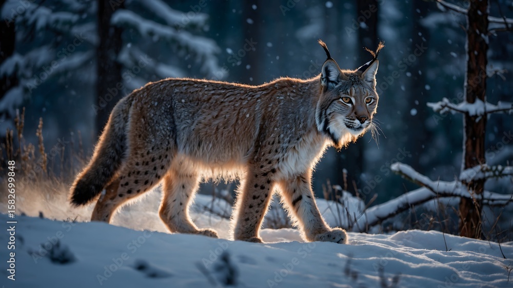 Obraz premium Lince europeo iluminado en bosque nevado al atardecer 