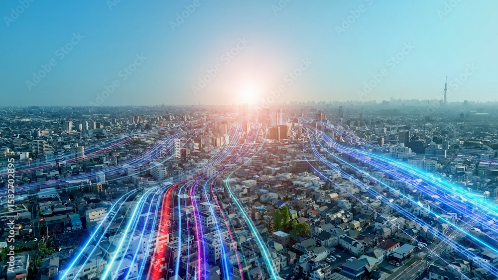 都市風景と未来へと伸びる光の帯 都市風景と未来へと伸びる光の帯
