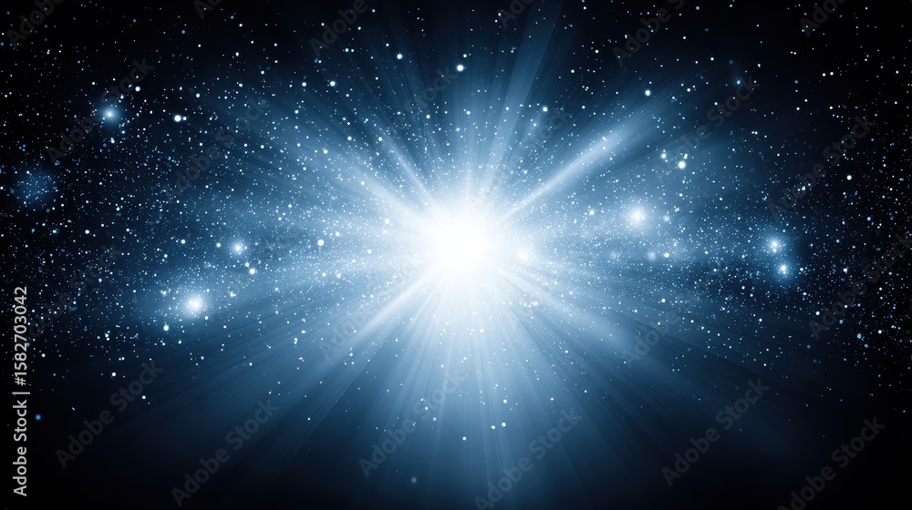 Fototapeta premium A brilliant burst of light radiates outward in a star-filled cosmic scene, evoking the beginning of the universe or a stellar explosion