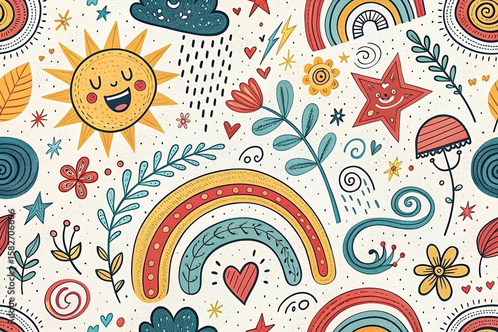 Naklejka premium Whimsical Doodle Pattern with Sun Rainbow Flowers and Stars
