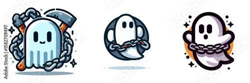 Halloween Chained ghost. Spooky Clipart Elements Line Art Vector Illustration. season spectral figure in restraint for a frightful october holiday.