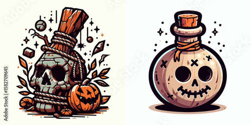 Halloween Cursed item. Spooky Clipart Elements Line Art Vector Illustration. night hexed object frightening possession paranormal holiday find.