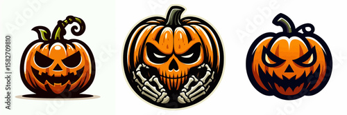 Halloween Evil pumpkin. Spooky Clipart Elements Line Art Vector Illustration. autumn gourd decor wicked face carving dreadful holiday harvest item.