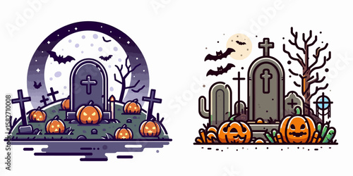 Halloween Graveyard. Spooky Clipart Elements Line Art Vector Illustration. october burial ground decor for a frightening holiday theme.