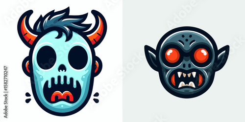 Halloween Monster mask. Spooky Clipart Elements Line Art Vector Illustration. Creepy october disguise ghoul face covering costume terror headpiece horror.