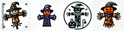 Halloween Scarecrow. Spooky Clipart Elements Line Art Vector Illustration. autumn figure festive farm decoration for a holiday terror theme.
