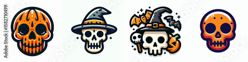 Halloween Skull. Spooky Clipart Elements Line Art Vector Illustration. autumnal cranium decoration for fright night party accessory.