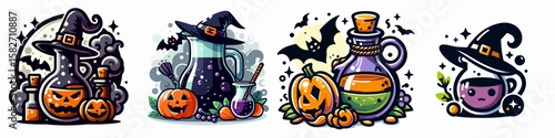 Halloween Witch brew. Spooky Clipart Elements Line Art Vector Illustration. Creepy october potion recipe crafting your own season party beverage.