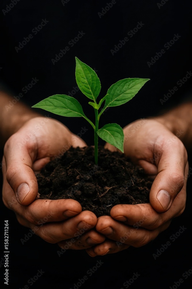 Caring hands cradle a vibrant green seedling rooted in dark soil, symbolizing growth, sustainability, and the promise of new life against an isolated black background. Caring hands cradle a vibrant green seedling rooted in dark soil, symbolizing growth, sustainability, and the promise of new life against an isolated black background.