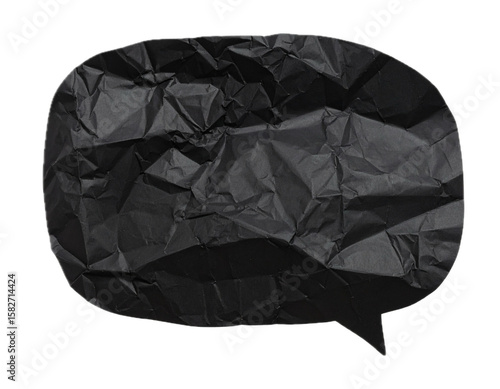 Black speech bubble crumpled paper isolated on transparent background