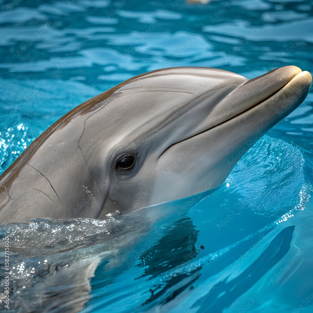 Naklejka premium A close-up of a dolphin swimming in clear blue water. The dolphin has a smooth gray body and a friendly expression, showcasing its playful nature.