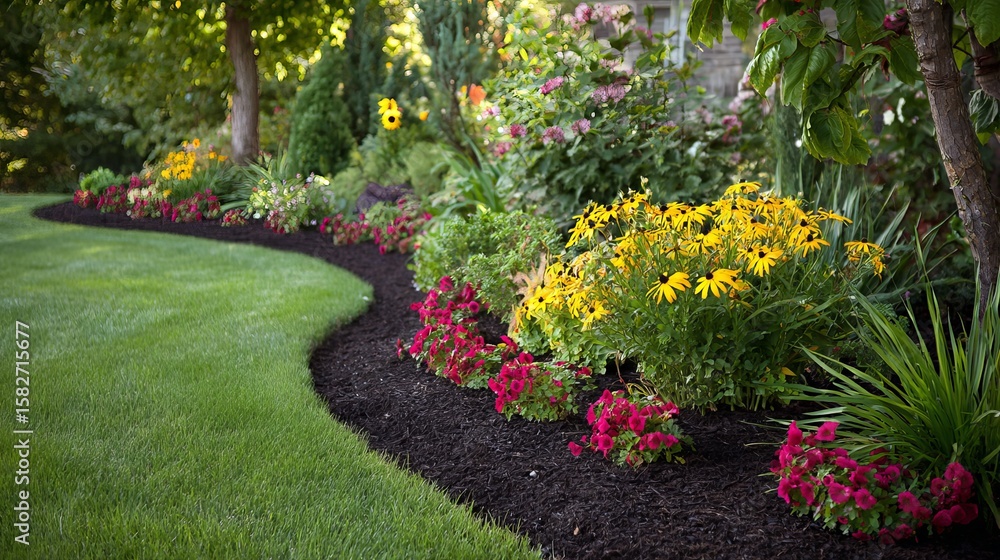 Naklejka premium A vibrant garden featuring yellow and pink flowers, lush green grass, and a curvy mulch path, creating a serene outdoor oasis.
