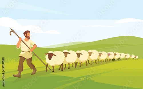 Shepherd Guiding Flock Through Pastoral Countryside Illustration
