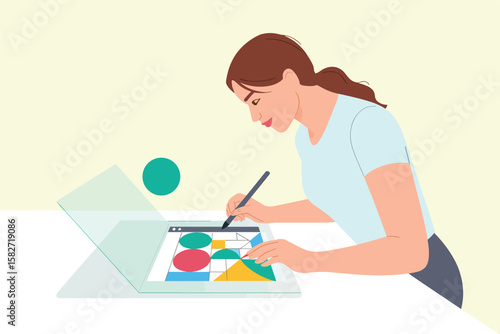 Creative designer at work vector illustration of a woman using a stylus and digital display to design colorful geometric art, symbolizing artistic expression