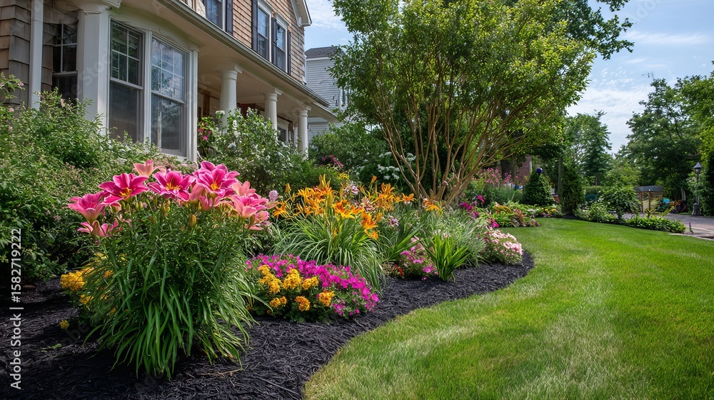 Obraz premium Lush flower garden with vibrant blooms and manicured lawn in a sunny suburban setting.