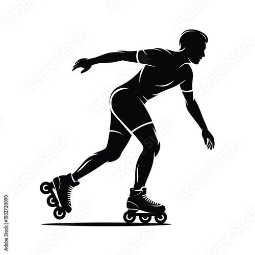 Silhouette of a man rollerblading with speed and agility on a white background