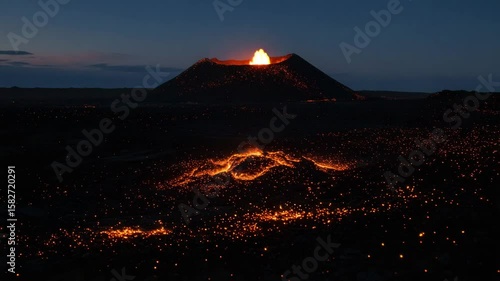 Glowing volcanic landscape with hot lava flow and ash field at twilight under a dark sky