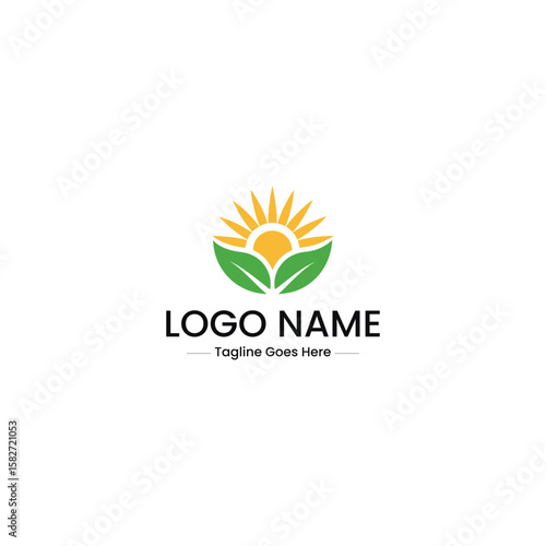 Vector art of a sun rising behind green leaves in a nature logo design