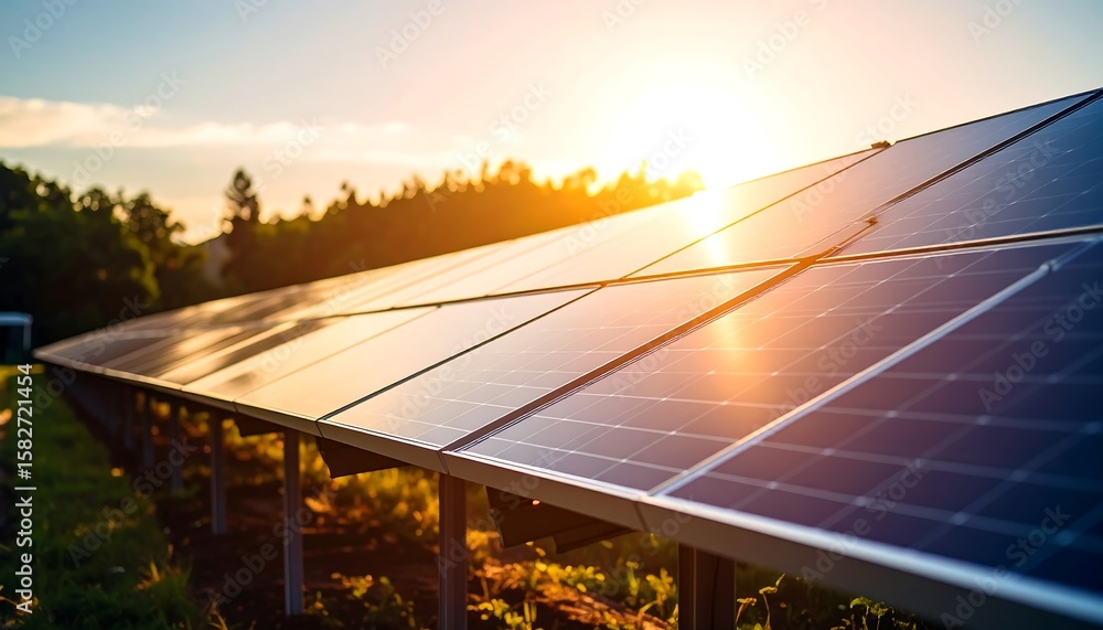 Fototapeta premium Solar panels at sunset
