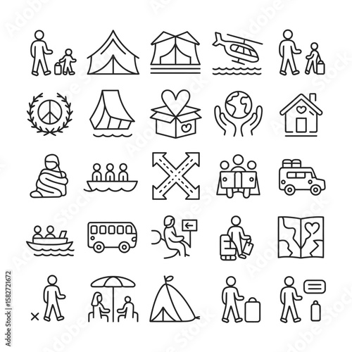 Collection of Black and White Line Art Icons Depicting Refugee Aid Humanitarian Assistance Travel and Displacement Themes Including People Walking Boats Buses Tents Homes and