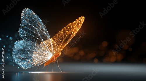 Fototapeta Naklejka Na Ścianę i Meble -  A digital butterfly with glowing, wireframe wings in blue and orange hues stands out against a dark, blurred background