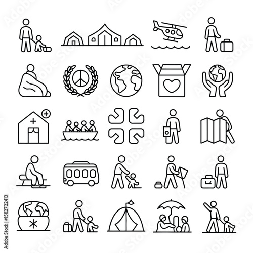 Collection of Black and White Line Icons Depicting Refugee Aid Humanitarian Assistance Global Migration Displacement Shelter Travel Transportation Family Child Support Peace