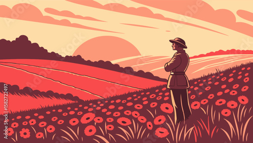 Remembrance day poppy field soldier silhouette sunset landscape vector illustration design graphic art