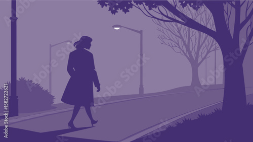 Woman walking alone at night in fog illustration art print poster canvas wall decor for home and office design