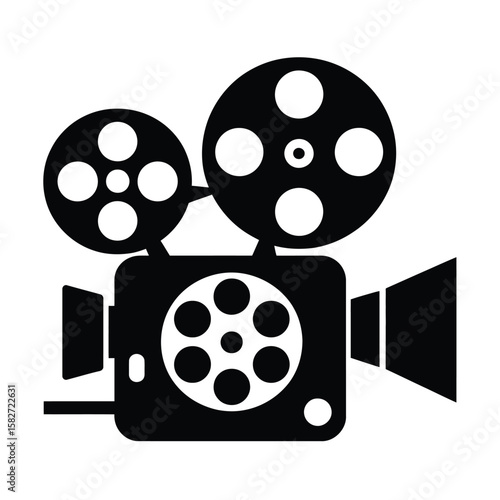 Retro film projector icon with reels and lens for cinema and movie production