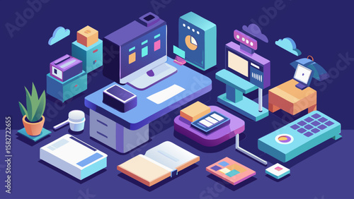 A vibrant and colorful drawing of a desk with various items such as a computer, a book, a calculator, and a clock. The desk is surrounded by a blue background, giving the scene a lively