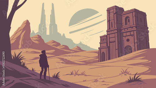 Explore desert landscape with ancient building and lone traveler vector illustration background design art