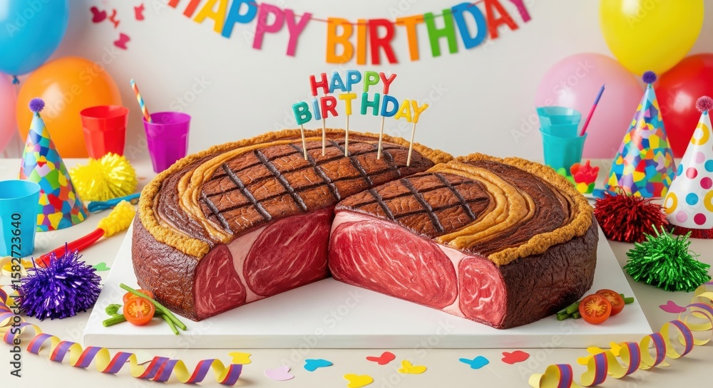 Obraz premium birthday cake shaped like a steak with colorful party decorations