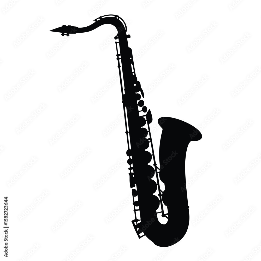 Black silhouette of a tenor saxophone on a white background