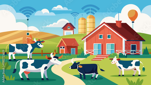 A farm scene with cows and a house. The cows are in the foreground and the house is in the background