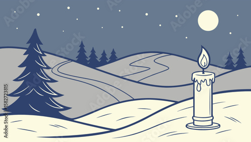 Winter landscape with candle light and christmas tree vector illustration design for holiday season scene