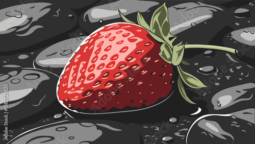 Isolated strawberry on dark stones digital art food illustration fresh fruit still life drawing style image