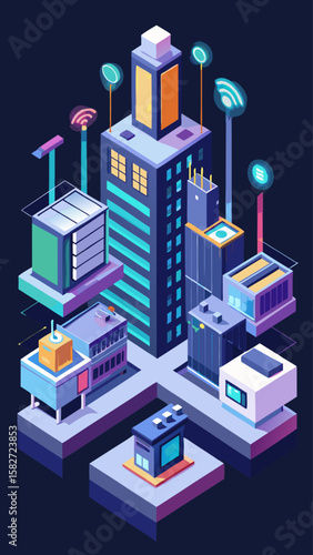 A cityscape with buildings and a network of wires connecting them. Concept of connectivity and the importance of technology in modern society