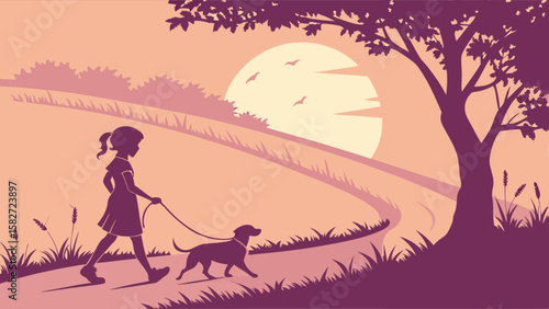 Silhouette girl walking dog in nature landscape at sunset vector illustration background design art