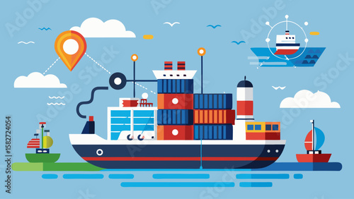 A colorful illustration of a ship with a red life preserver on the left side. The ship is surrounded by other boats and clouds in the sky. Concept of adventure and excitement