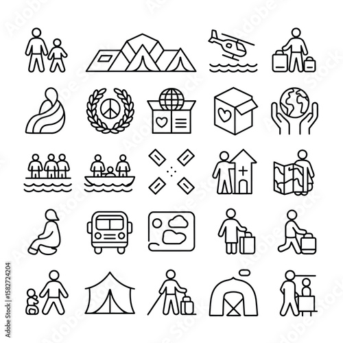 Collection of Black and White Line Icons Depicting Refugee Crisis Humanitarian Aid Travel and Displacement