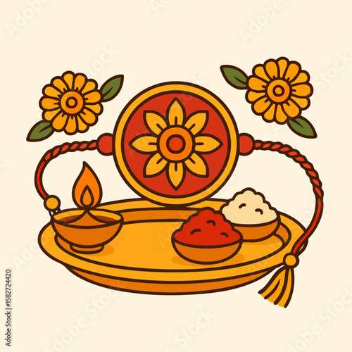Flat vector illustration of Rakhi on golden thali with diya and flowers for Raksha Bandhan