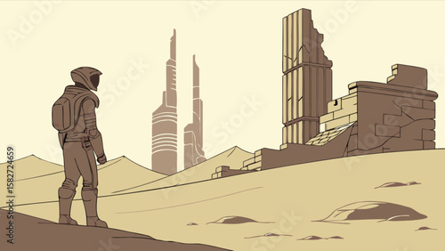 Astronaut explores futuristic city ruins on distant planet science fiction concept art illustration style