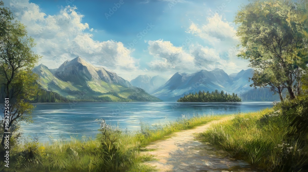 Fototapeta premium Beautiful summer day by the lake in a serene landscape