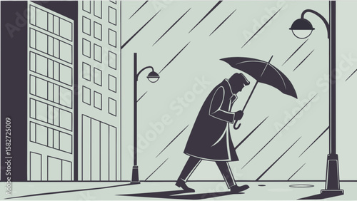 Man walking in the rain with umbrella vector illustration of cityscape and street lights design concept