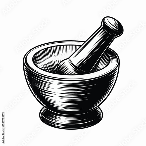 Vintage engraving style mortar and pestle isolated on white background