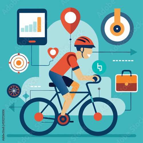 A man is riding a bicycle with a tablet in his hand. The tablet is displaying a map and a heart. Concept of a man enjoying a bike ride while using technology to navigate and track his progress
