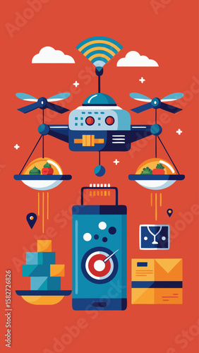 A cityscape with a drone flying over it and a sandwich on it. The drone is carrying a tablet with a red and white logo on it