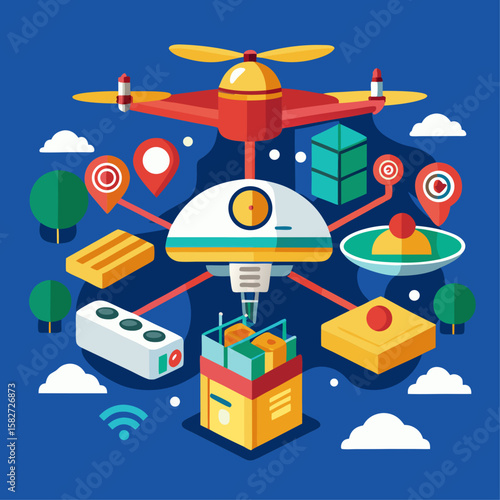 A cityscape with a drone flying over it and a sandwich on it. The drone is carrying a tablet with a red and white logo on it