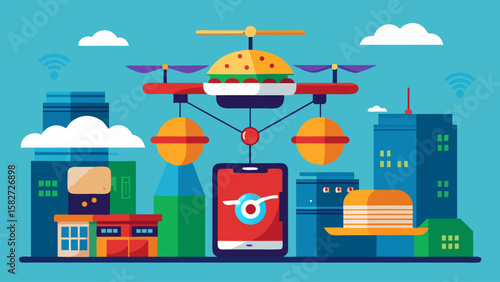 A cityscape with a drone flying over it and a sandwich on it. The drone is carrying a tablet with a red and white logo on it
